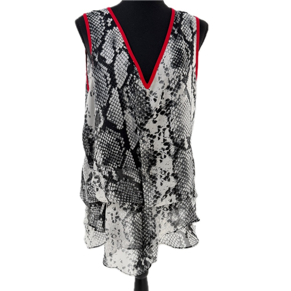 CACHE Snakeskin Print Deep V-Neck Sleeveless Sheer Blouse Red Trim Size Large